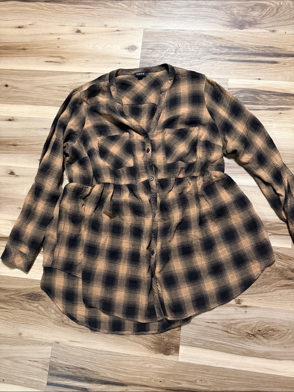 torrid Plaid Button-Front Peplum Shirt in Brown and Black